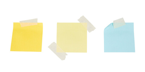 three blank sticky notes taped to the wall isolated on white or transparent png
