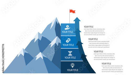 Modern mountain success infographic template featuring a four step business growth journey, strategic planning process, achievement milestones, upward arrows, and peak accomplishment concept. Ideal fo