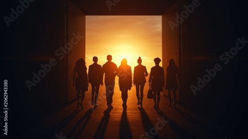 Diverse group of people walking through doorway towards bright sunset silhouettes in warm light hopeful and optimistic scene