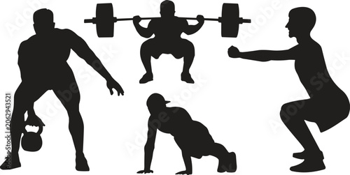 Vászonkép Silhouette fitness exercise figures performing kettlebell, barbell, push‑up, and