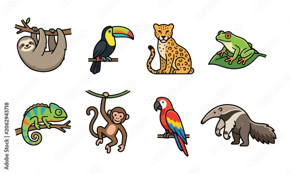 Fototapeta premium Tropical Jungle Animal Icon Set on White Background