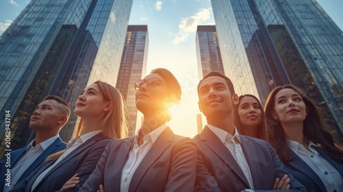 Confident business team standing together in front of modern skyscrapers at sunrise looking up with determination and ambition urban professionals in formal attire