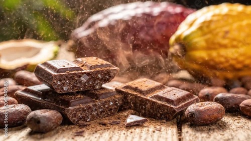 Cocoa powder falling over dark chocolate bars with raw cocoa beans and pods on wooden background