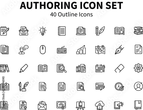 Authoring outline icons representing writing research and planning concepts on a white background vector illustration
