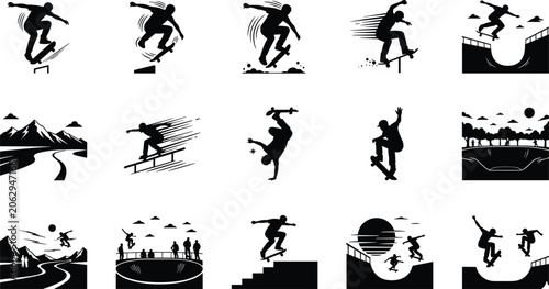 Fotografi Skateboarding tricks ramps rails flips dynamic motion outdoor skate park mountai