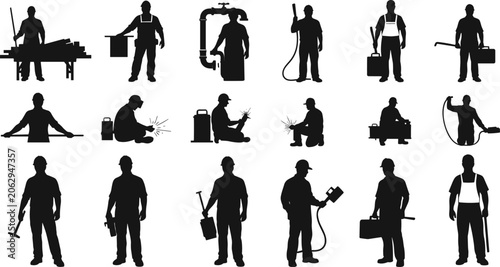 Fotografie Skilled trades and manual labor icon set, construction worker, welding, plumbing