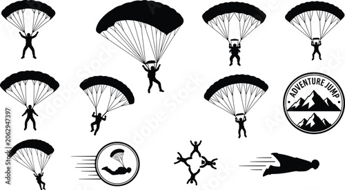Quadro su tela Skydiving and parachuting silhouette collection showing adventure jumpers, freef
