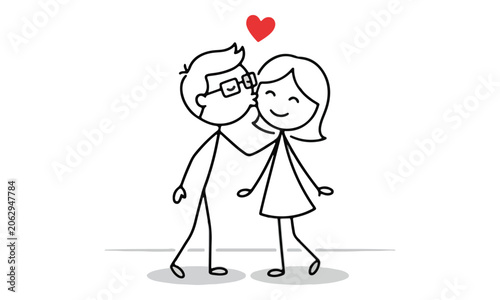 Stick figure man kissing woman cheek with red heart icon