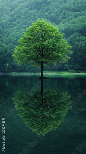 A solitary tree reflecting on a mist-covered lake