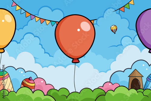 Colorful balloons and party bunting in a whimsical sky