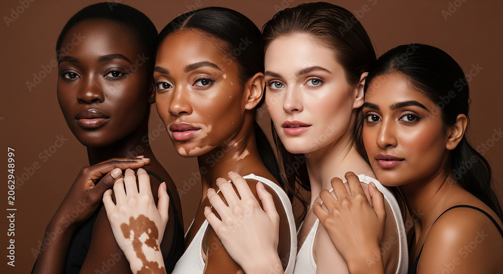 Obraz premium Portrait of five beautiful diverse women standing together perfect for multicultural beauty campaigns and feminine power concepts