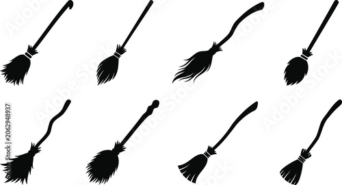 Fotografie Collection of black witch broom silhouettes on a transparent background for hall