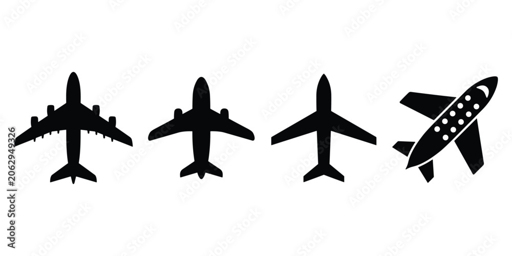 Fototapeta premium Four black airplane silhouettes isolated on white background showing different types of air travel