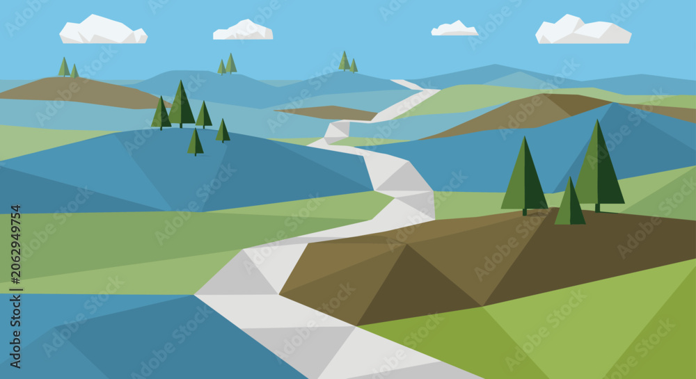 Naklejka premium Geometric low poly landscape showcasing a winding white path through rolling green and blue hills dotted with green pine trees.