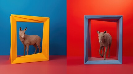 Two surreal deer in colorful frames on vibrant background with bold color blocking