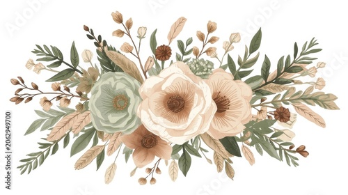 Boho floral arrangement with delicate flowers and greenery on white background rustic wedding decoration