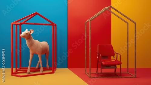 Surreal scene with giraffe and chair in color blocked room with bold geometric cages