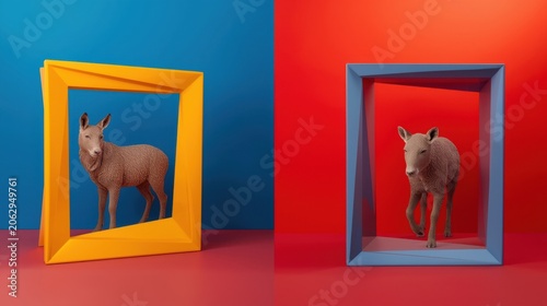 Two surreal deer in colorful frames on vibrant background with bold color blocking