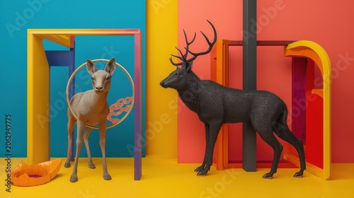 Surreal scene with spotted deer and stag in bold colorful geometric setting with abstract shapes