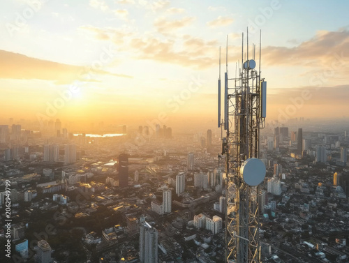 Telecommunication tower cellular network antenna on city background