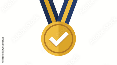 Foto Golden Medal with Check Mark on Blue and Yellow Ribbon.