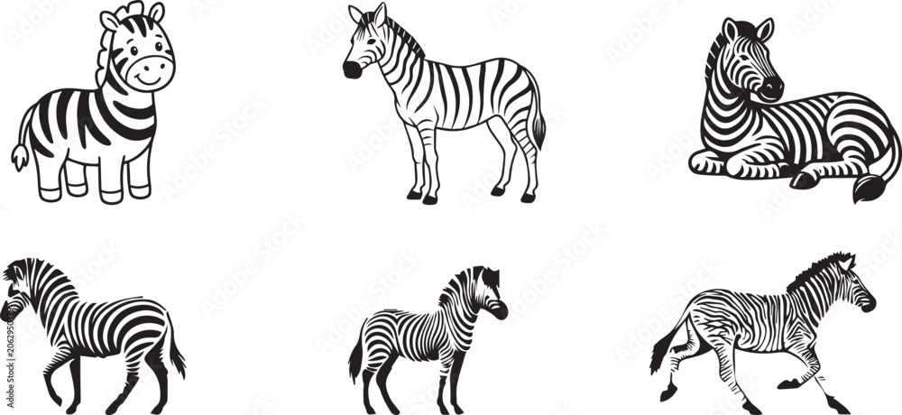 Fototapeta premium Zebra icons, black and white striped animal illustrations, zebra graphics, wildlife vector set