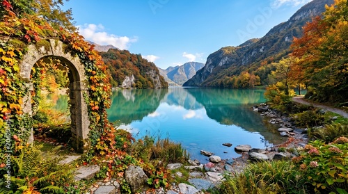 A photograph of a weathered stone archway, draped in a cascade of vibrant autumn foliage, stands within an overgrown English garden