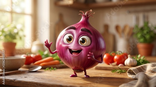 A shiny purple-red onion transformed into a funny animated talking character, with large expressive human-like eyes