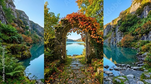 A photograph of a weathered stone archway, draped in a cascade of vibrant autumn foliage, stands within an overgrown English garden