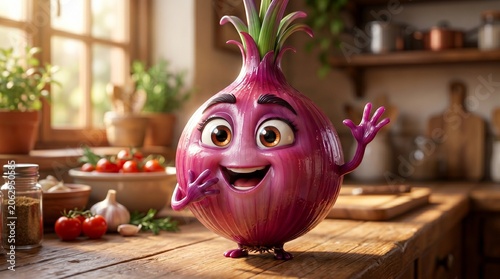 A shiny purple-red onion transformed into a funny animated talking character, with large expressive human-like eyes