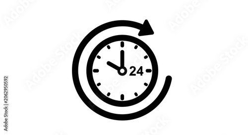 Obraz na plátně 24 Hour Service Icon with Clock and Circular Arrows on Isolated White Background