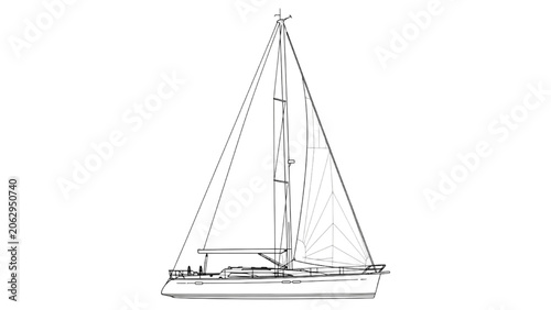 Sailing yacht rendered in 2D AutoCAD Vector illustration format on water