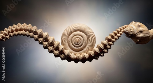Fossilized ammonite shell with spiral ridged whorl and textured surface details