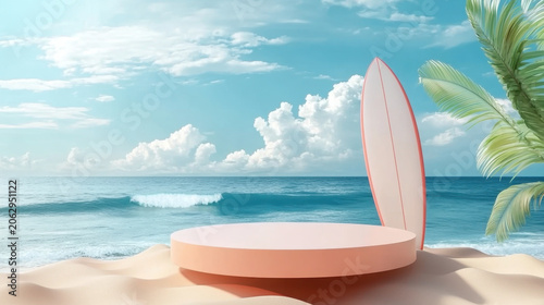 cylinder stage podium empty with summer beach background and surfboard, swimming ring, palm leaf