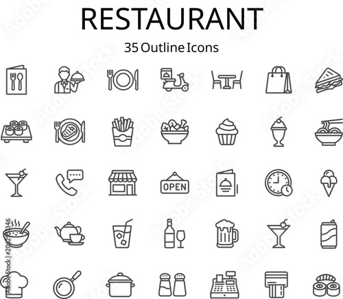 Restaurant icons set with food and service elements in a clean vector illustration style