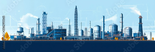 Industrial factories silhouette background. Oil refinery complex with pipes and tanks gas production