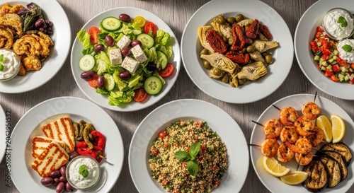 Top view of various mediterranean dishes on a wooden table