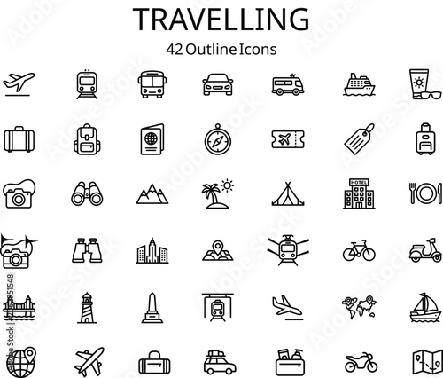 Travel Icons with Transportation and Landmarks in Flat Outline Style