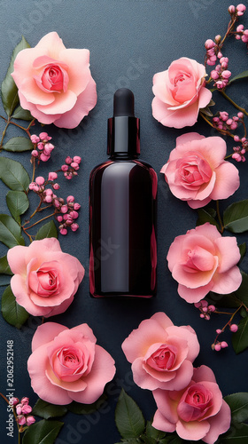 black glass dropper bottle for medical and cosmetic use and pink roses on a pink background