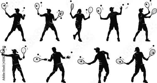 Bild auf Leinwand Tennis player silhouette icon set, forehand shot, backhand swing, serve motion,