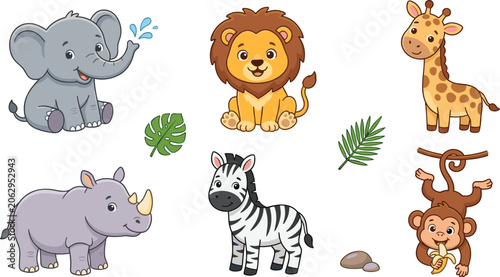 Canvas Print Cute African Safari Jungle Animals Vector Icon Set Featuring Baby Elephant, Lion