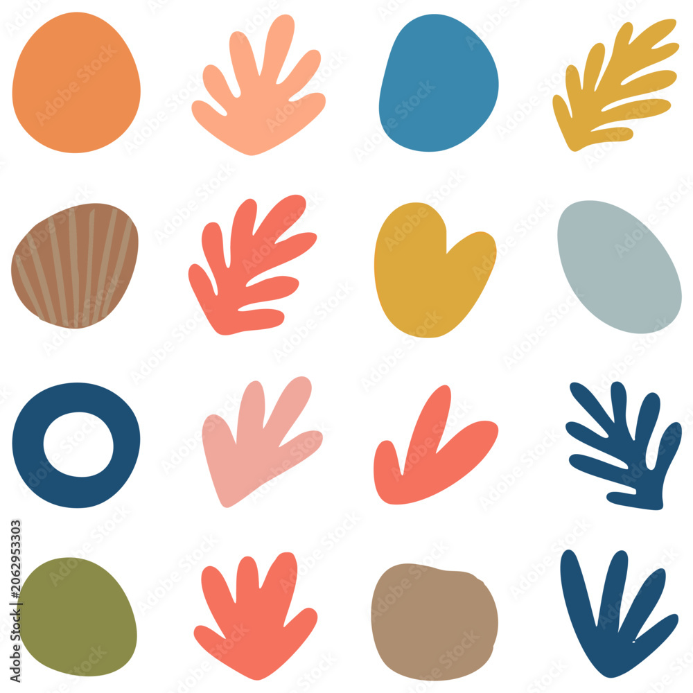Fototapeta premium Abstract leaf and stone shapes in a colorful grid