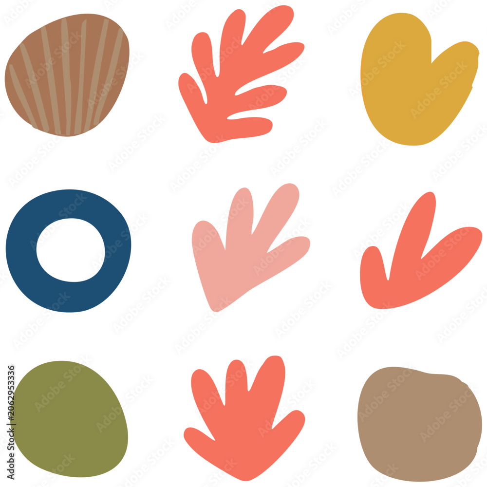 Fototapeta premium Abstract coral shapes and shells arranged in grid