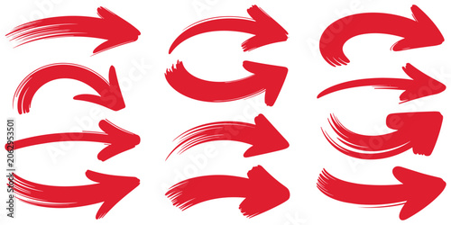 Set of red curved arrow brush strokes pointing right for marketing highlighting and presentation