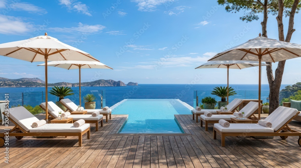 Fototapeta premium Luxury poolside lounge chairs by ocean view