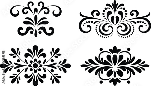Elegant vintage decorative floral ornaments and baroque swirl design elements set isolated on a white background