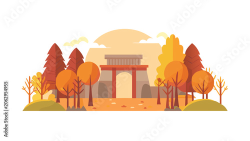 Fotografie Autumn scene with archway and colorful trees