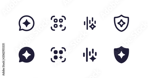 AI Interface Line and Solid Icon Set. Artificial Intelligence QR Code Scan, Audio Sound Wave and Cyber Security Shield tools, 48x48 Pixel Perfect Shapes in Two Styles for mobile app UI UX design