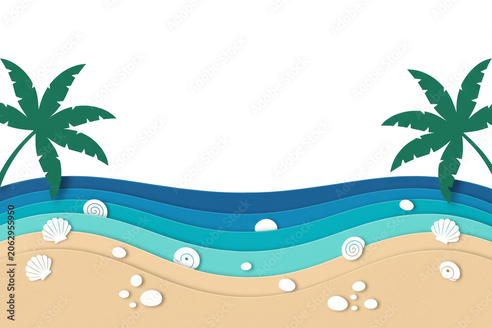 Fototapeta premium Tropical Beach Paper Cut Background with Palm Trees, Ocean Waves and Seashells