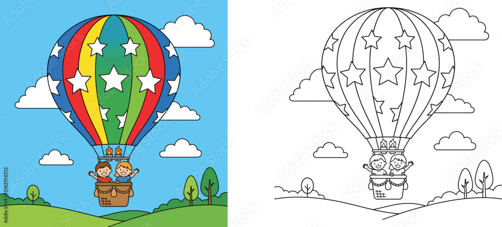 Obraz premium Kids riding a hot air balloon cartoon vector illustration with coloring page template, flying in the sky over hills, educational activity sheet for children.